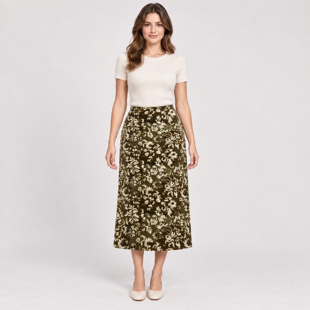 Olive Green Floral Velour Midi Skirt Vintage Size 9 Medium Whimsigoth -